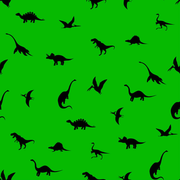 бесшовный узор с динозаврами на зеленом фоне, векторная иллюстрация - Вектор,изображение