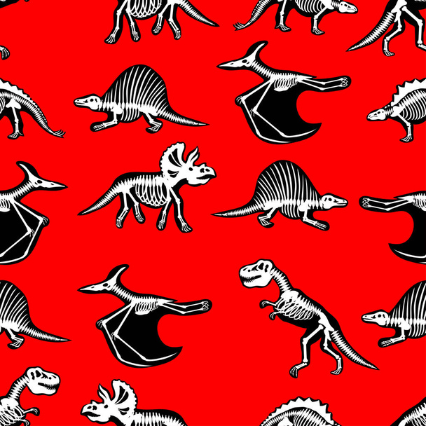seamless pattern with dinosaurs on red background, vector illustration - Vetor, Imagem