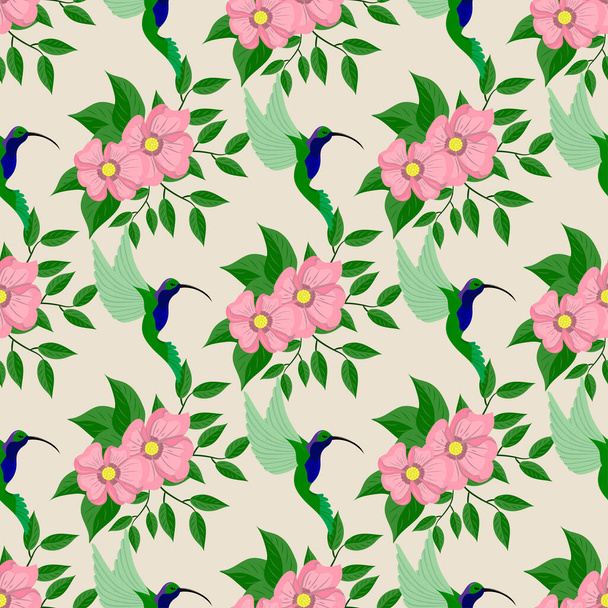 pink flowers and hummingbirds, seamless pattern - Vecteur, image