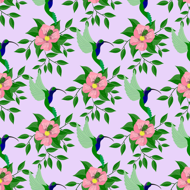 pink flowers and hummingbirds, seamless pattern - Vettoriali, immagini