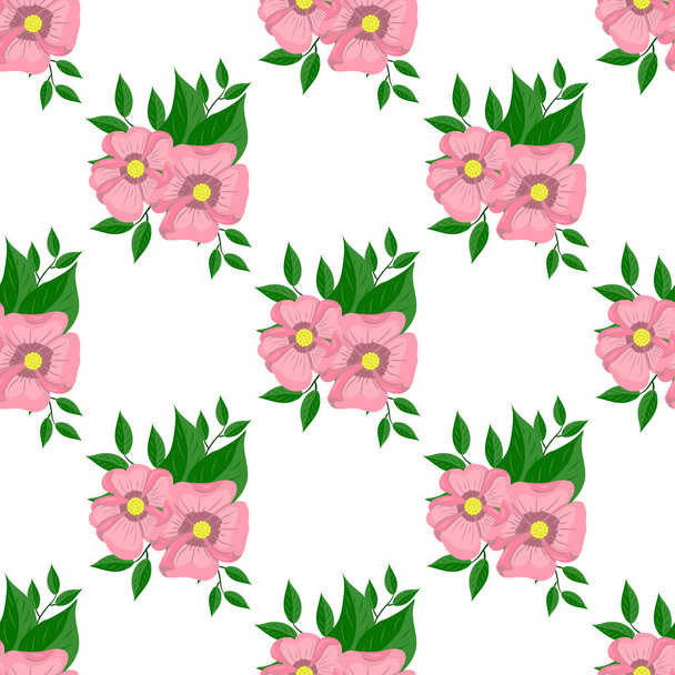 Pink flowers and green leaves, seamless pattern - Vettoriali, immagini