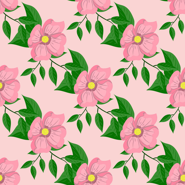 Pink flowers and green leaves, seamless pattern - Vecteur, image