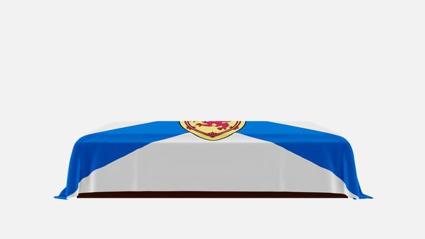 Vista lateral de un ataúd sobre un fondo blanco cubierto con la bandera de Nueva Escocia - Foto, imagen