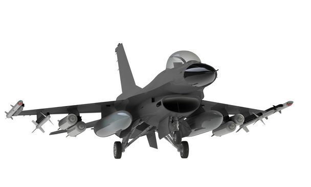 ένα μοντέλο για ένα μαχητικό f16 που απογειώνεται προσγείωση που απομονώνονται σε λευκό - Φωτογραφία, εικόνα