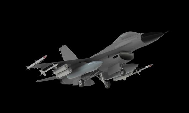 Modell eines startenden f16-Kampfjets, der isoliert auf schwarz landet - Foto, Bild