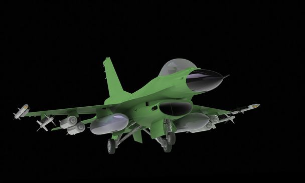 A model of an f16  Fighter jet taking off landing isolated on black - Photo, Image