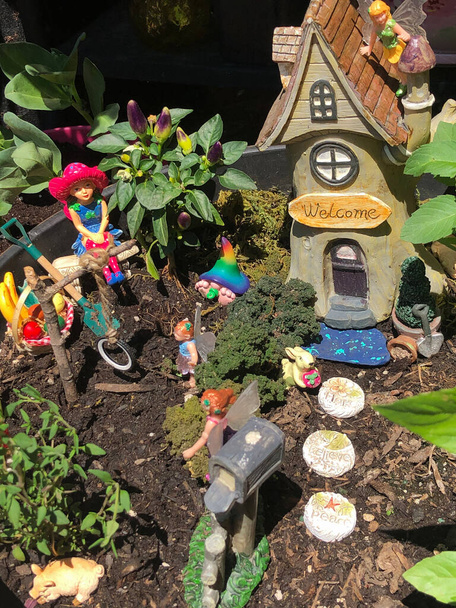 Wróżkowy ogród w garnku z domu i stworzeń, takich jak chochliki, wróżki i świnie wiszące na zewnątrz w mini ogrodzie - Zdjęcie, obraz