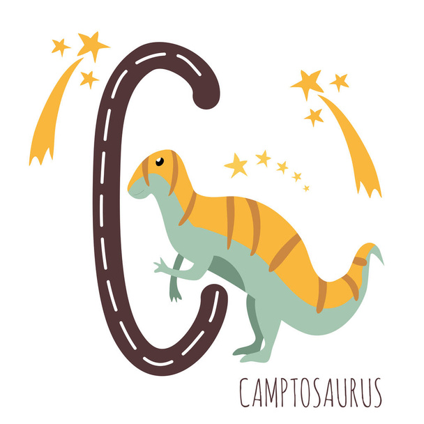 Camptosaurus.Letter C hüllő neve.Kézzel rajzolt aranyos növényevők dinoszaurusz.Oktatási prehisztorikus illusztráció.Dino ábécé.Sketch Jurassic, mezozoikus állat.Gyerekes vicces képregény font.Élvezze a tanulást - Vektor, kép