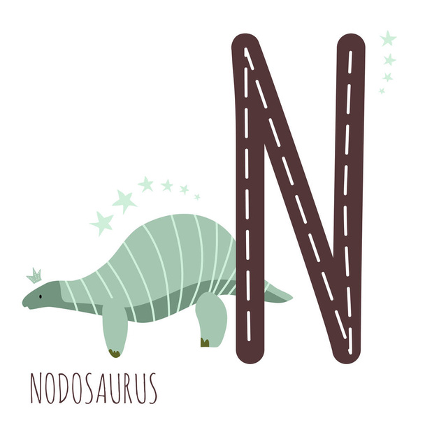 Nodosaurus.Letter N з назвою рептилії. Рука намальована милою травоїдною динозавром. Навчальна доісторична ілюстрація. Алфавіт динозаврів. Ескіз юрської тварини з оболонкою. Дитячий кумедний комікс шрифт. Насолоджуйтесь навчанням
 - Вектор, зображення