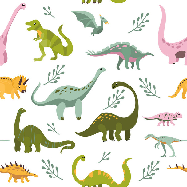 Απρόσκοπτη μοτίβο με χαριτωμένα ζωγραφισμένα στο χέρι ζώα. Σκίτσο Jurassic, μεσοζωικά ερπετά. Διάφορα χαρακτηριστικά dino. Προϊστορική απεικόνιση με φυτοφάγα και αρπακτικά ζώα.Παιδική εκτύπωση, χαρτί περιτυλίγματος - Διάνυσμα, εικόνα