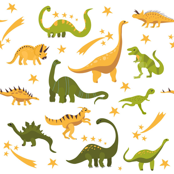Zökkenőmentes minta aranyos kézzel rajzolt dinoszauruszok.Sketch Jurassic, mezozoikus hüllők.Különböző dinó karakterek.Őskori illusztráció növényevők és ragadozó állatok.Gyermeki nyomtatás, csomagolópapír - Vektor, kép