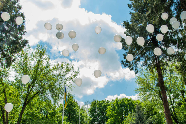 many white balloons flying in blue sky - Photo, Image