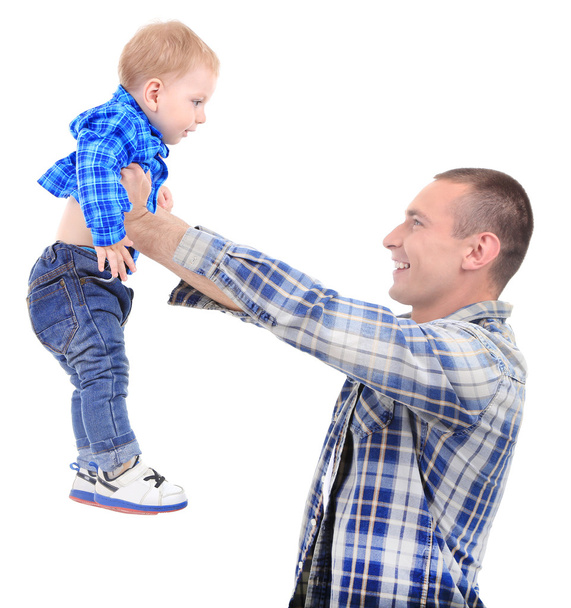 Happy young father with little son isolated on white - Fotoğraf, Görsel