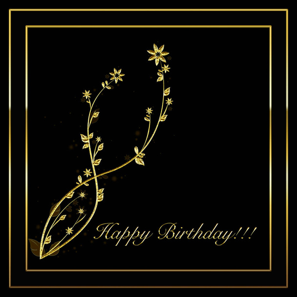 Feliz cumpleaños tarjetas de felicitación. Patrones ornamentales dorados sobre fondo negro.  - Foto, Imagen