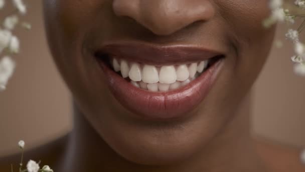 Detailní záběr na africké americké ženské rty usmívající se přes béžové pozadí - Záběry, video