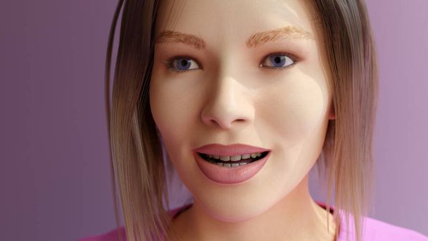 cabelo loiro menina estúdio close-up retrato lábios grandes rosa camisa ilustração 3D - Foto, Imagem