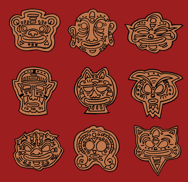 ilustração vetorial de um conjunto de máscaras mexicanas desenhadas à mão - Vetor, Imagem