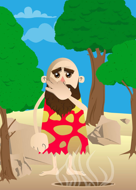 Dibujos animados hombre prehistórico sosteniendo la nariz debido a un mal olor. Ilustración vectorial de un hombre de la edad de piedra. - Vector, imagen