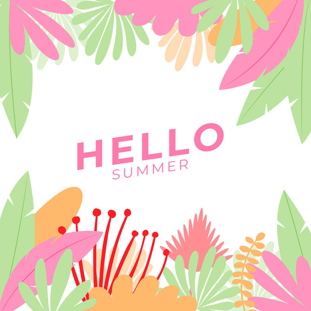 Summer sale banner with floral and tropical leaves background, colorful design for banner, flier, invitation, poster, web site or greeting card. Social media post template, vector illustration - Vector, imagen