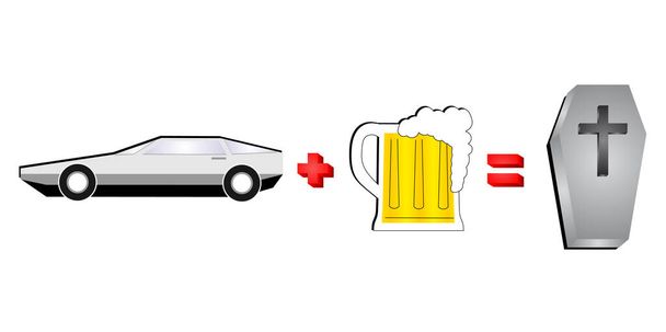 vector illustration of car plus beer results in death, coffin icon - Vector, Image
