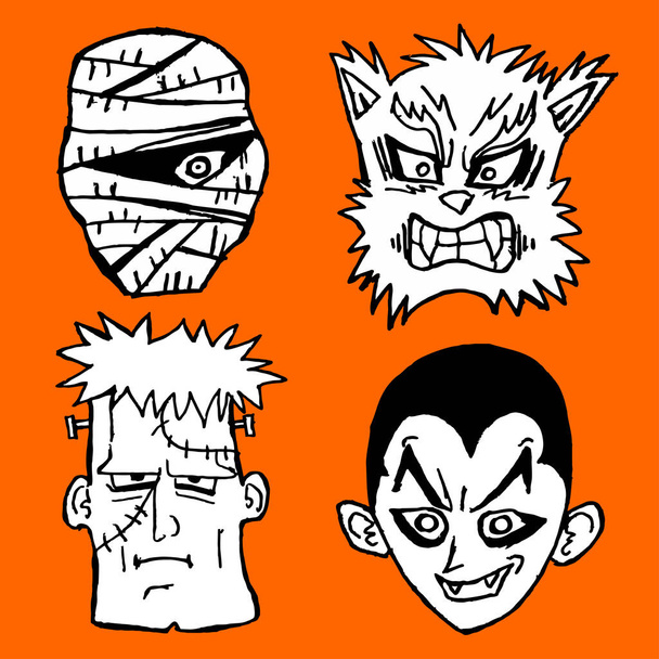 rostos de Frankenstein, Vampiro, Lobo e a múmia, ilustração de vetor de tema de Halloween  - Vetor, Imagem