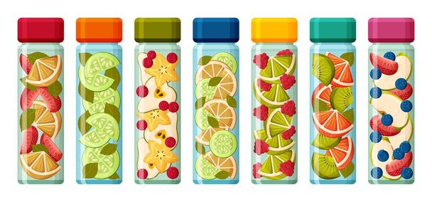 Infused water in glass bottles. Fruits and vegetables in water. Detox and health concept. Variety of drinks filled with detoxification isolated on white background - Vektor, Bild