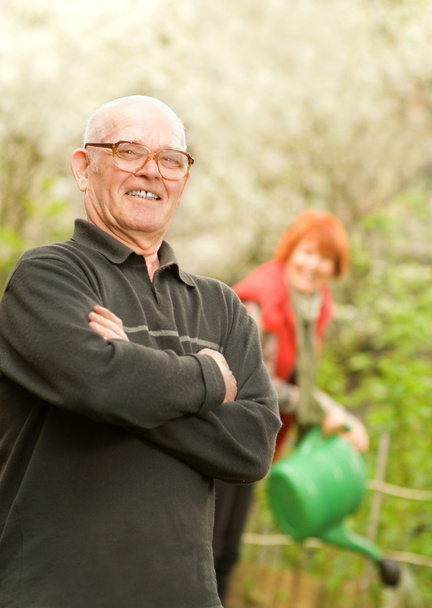 Щасливий старший садівник і жінка поливає рослини на фоні
 - Фото, зображення