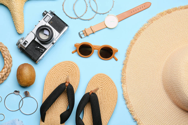 Set of beach accessories on color background - Photo, Image