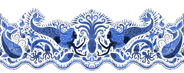 Απρόσκοπτη μοτίβο των σκουρόχρωμων μπλε παραμυθιών θαλάσσια ζώα και γοργόνα. Υδατογραφία ζωγραφισμένα ψάρια φαντασίας, χταπόδι, κοράλλι, όστρακα της θάλασσας, φυσαλίδες σε λευκό φόντο. Πλευρά μπατίκ, τυπωμένο ύφασμα - Φωτογραφία, εικόνα