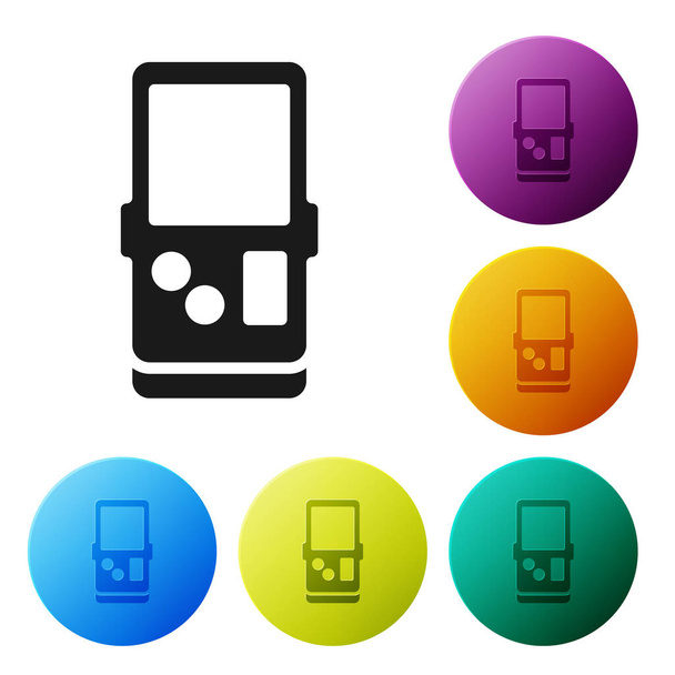Black Portable tetris icono del juego electrónico aislado sobre fondo blanco. Estilo vintage juego de ladrillo de bolsillo. Dispositivo de reproducción interactivo. Establecer iconos en botones de círculo de color. Vector - Vector, imagen
