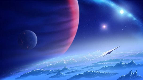 una nave espacial está volando desde un planeta desconocido en el universo con el fondo de una nebulosa y un planeta gaseoso gigante - Vector, imagen