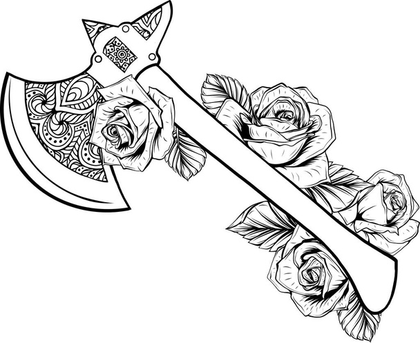 vector illustration of axe with roses design - Vector, Image