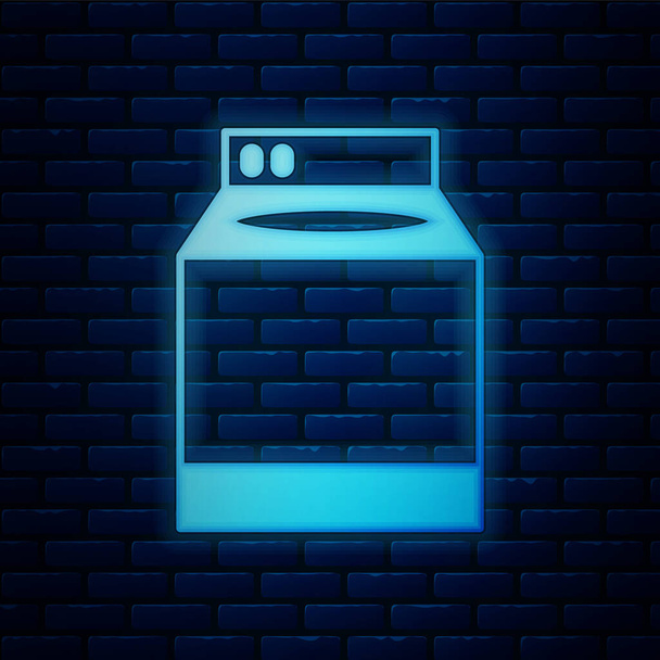 Parlayan neon yıkama ikonu tuğla duvar arkasında izole edilmiş. Çamaşır makinesi simgesi. Çamaşır makinesi, çamaşır makinesi. Ev aletleri sembolü. Vektör - Vektör, Görsel