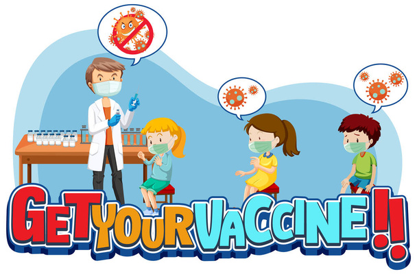 Get Your Vaccine font banner with many kids waiting in queue to get vaccine shot illustration - Vektor, obrázek