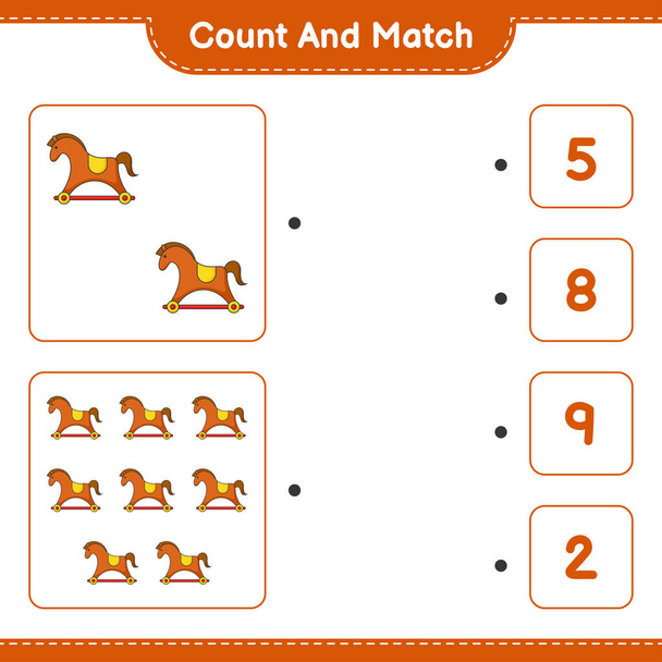 Contar y coincidir, contar el número de Rocking Horse y coincidir con los números correctos. Juego educativo para niños, hoja de trabajo imprimible, ilustración vectorial - Vector, Imagen