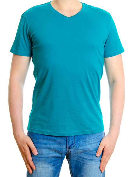 Homem de t-shirt turquesa. Isolado sobre fundo branco
. - Foto, Imagem