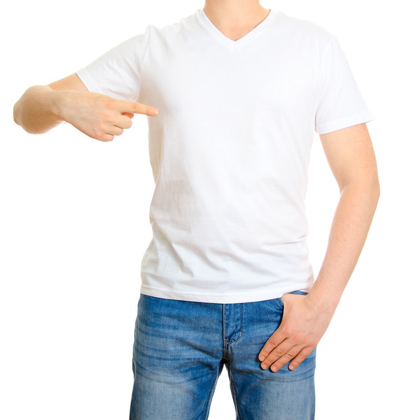 Man in white t-shirt. Isolated on white background. - Zdjęcie, obraz