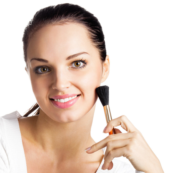 Woman with cosmetics brush, isolated  - Фото, зображення