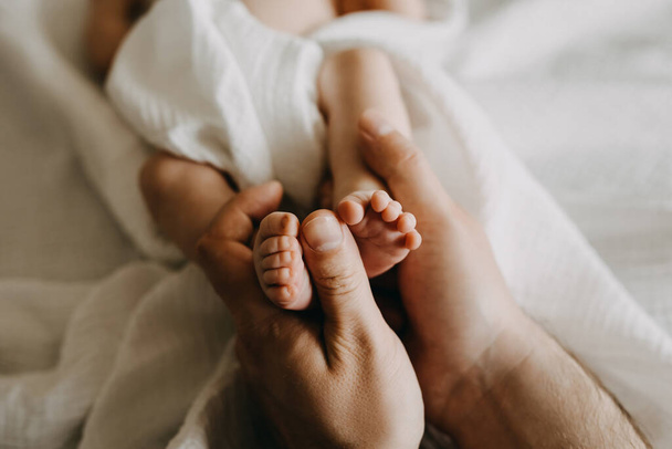 Closeup of father holding small newborn baby feet in big hands. - Photo, image