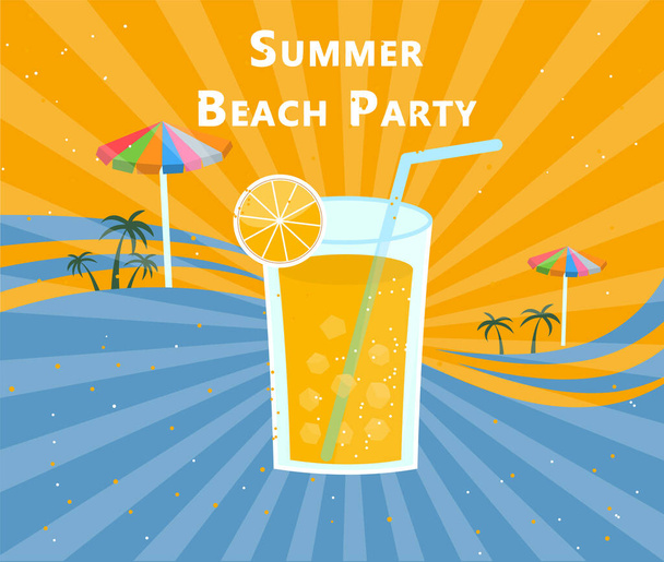 Flyer de fête d'été. Verre de jus d'orange avec des pailles et des glaçons dans un style rétro - Vecteur, image