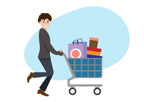Black Friday sale event male character with shopping cart with discounted products promotion concept advertising poster banner vector illustration - Vector, Image