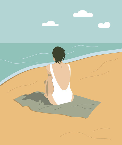 Summer vacations. Flat vector illustration. Woman summer relaxing. Summer vacation poster or flyer design template. Illustration pastel colors. Girl on the beach looking at the sea. Girl in a white bathing suit. - Vector, Image