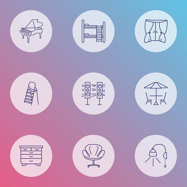 Furniture icons line style set with double decker bed, drawer unit, curtain and other drape elements. Isolated vector illustration furniture icons. - Vektor, obrázek