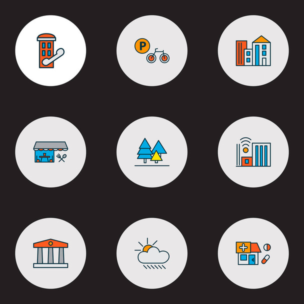 Городские иконы цветной линии набор с рестораном, музеем, лесом и другими элементами аптеки. Изолированные иконки городов. - Фото, изображение