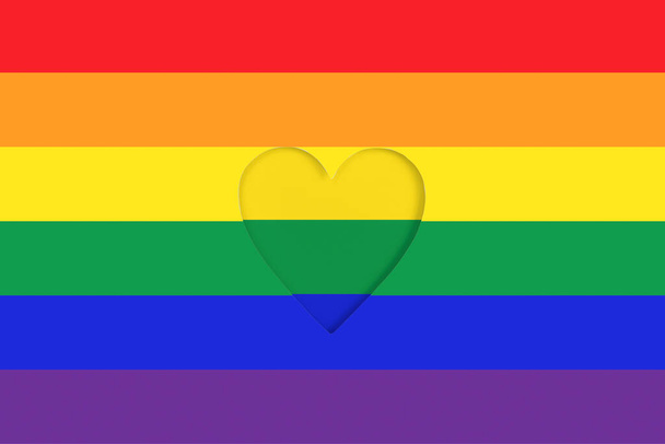 LGBTQ pride flag background. Rainbow Printed cardboard with die-cut heart shape. Top view - Photo, Image