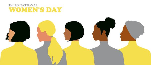 Ταχυδρομική κάρτα με την Παγκόσμια Ημέρα της Γυναίκας. Postcard template σε μοντέρνα κίτρινα και γκρι χρώματα 2021 με γυναίκες διαφορετικών εθνικοτήτων και θρησκειών. Διανυσματικά γραφικά. - Διάνυσμα, εικόνα