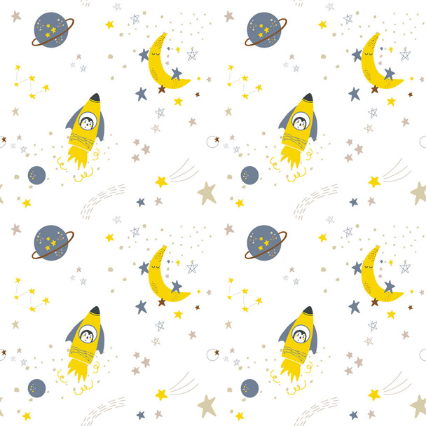Lindo bebé vector espacial patrón sin costura con estrellas, cohetes y planetas. Ilustración vectorial en colores retro. Bueno para decorar guardería, ropa de bebé, decoración de la ducha del bebé. - Vector, imagen