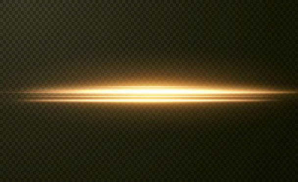 ゴールド水平レンズフレアパック。レーザービーム、水平光線。美しい光のフレア。光の背景に光る縞。明るい抽象的な輝く線の背景. - ベクター画像