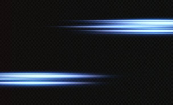 Light beams of light in neon and blue. Illuminated horizontal neon laser. Collection of light transparent realistic rays for design isolated on a transparent background. Horizontal optical lens flare. - Vector, Image