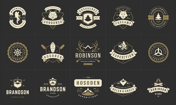 Camping logos and badges templates vector design elements and silhouettes set - Vector, Imagen